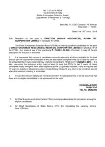 No[removed]PESB Government of India Public Enterprises Selection Board (Department of Personnel & Training) *** Block No. 14, CGO Complex, PE Bhavan