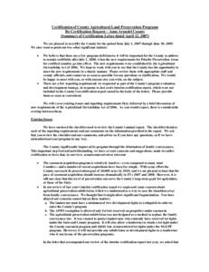 Certification of County Agricultural Land Preservation Programs Re-Certification Request – Anne Arundel County (Summary of Certification Letter dated April 12, 2007) We are pleased to recertify the County for the perio