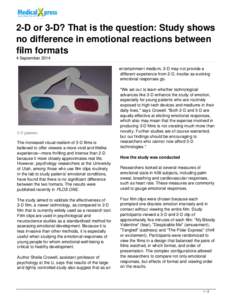 2-D or 3-D? That is the question: Study shows no difference in emotional reactions between film formats