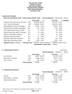 Texas Secretary of State Geoffrey S. Connor Race Summary Report Unofficial Election Tabulation[removed]General Election