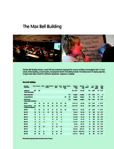 The Max Bell Building  The Max Bell Building features a tiered 340 seat auditorium engineered for acoustic excellence and equipped with a 15 foot screen, dimmer lighting, a sound system, and projection booth. The buildin