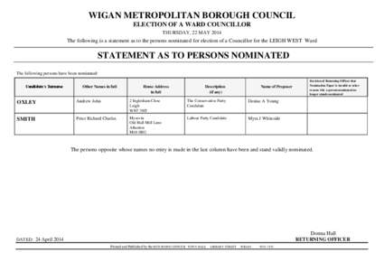 WIGAN METROPOLITAN BOROUGH COUNCIL ELECTION OF A WARD COUNCILLOR THURSDAY, 22 MAY 2014 The following is a statement as to the persons nominated for election of a Councillor for the LEIGH WEST Ward