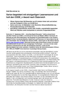 Pressemitteilung And the winner is: Xarion begeistert mit einzigartigen Lasersensoren und holt den CODE_n Award nach Österreich 