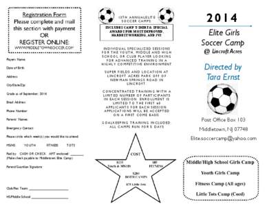 13TH ANNUALELITE SOCCER CAMPS: INCLUDES CAMP T-SHIRT & SPECIAL AWARDS FOR MOST IMPROVED, HARDEST WORKING, AND 2V2