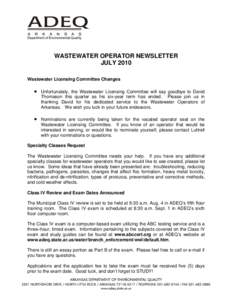 WASTEWATER OPERATOR NEWSLETTER JULY 2010 Wastewater Licensing Committee Changes 