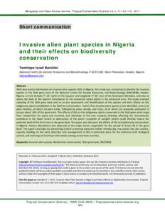 Mongabay.com Open Access Journal - Tropical Conservation Science Vol.4 (1):, 2011  Short communication Invasive alien plant species in Nigeria and their effects on biodiversity