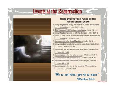Events at the Resurrection THESE EVENTS TOOK PLACE ON THE RESURECTION SUNDAY 1 Mary Magdalene, Mary, the mother of Jams, and Salome go