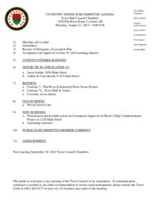 COVENTRY SEWER SUBCOMMITTEE AGENDA Town Hall Council Chambers 1670 Flat River Road, Coventry, RI Thursday, August 21, 2014 – 6:00 P.M.  Glen Skurka