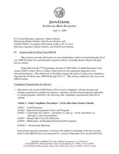 This advisory provides information to assist independent auditors in performing the fiscal year[removed]audits of Local Education Agencies (LEAs), charter schools and joint powers entities