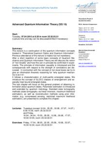 Theoretische Physik III Quanteninformation Advanced Quantum Information Theory (SS 15)  PD Dr. Hermann Kampermann