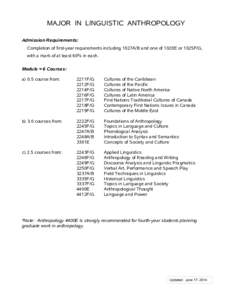 MAJOR IN LINGUISTIC ANTHROPOLOGY Admission Requirements: Completion of first-year requirements including 1027A/B and one of 1020E or 1025F/G, with a mark of at least 60% in each. Module = 6 Courses: a) 0.5 course from: