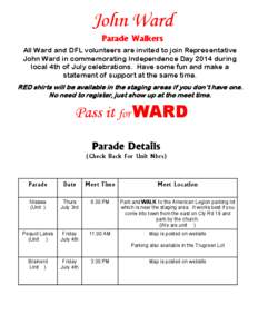 John Ward Parade Walkers All Ward and DFL volunteers are invited to join Representative John Ward in commemorating Independence Day 2014 during local 4th of July celebrations. Have some fun and make a statement of suppor