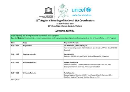 11th Regional Meeting of National EFA Coordinators[removed]November[removed]Floor, Plaza Athenee, Bangkok, Thailand th  MEETING AGENDA