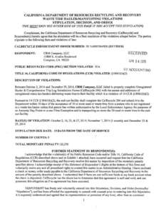 Stipulation, Decision and OrderPen) for Waste Tire Hauler Penalties in the Matter of CRM Company, LLC. Document Date:  May 5, 2015.