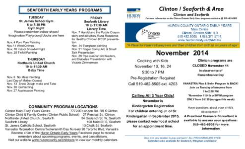 Huron Ontario Early Years Calendar of Activities: Clinton, Seaforth & Area, November, 2014.