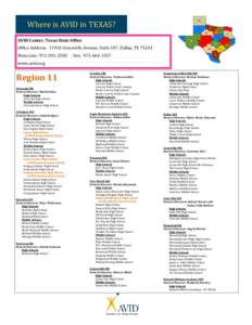 Where is AVID in TEXAS? AVID Center, Texas State Office Office Address: 11910 Greenville Avenue, Suite 107, Dallas, TX[removed]Main Line: [removed]Fax: [removed]
