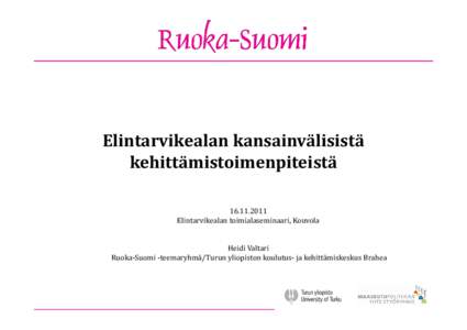 Elintarvikealan	kansainvälisistä	 kehittämistoimenpiteistä [removed]Elintarvikealan	toimialaseminaari,	Kouvola Heidi	Valtari Ruoka‐Suomi	‐teemaryhmä/Turun	yliopiston	koulutus‐ ja	kehittämiskeskus	Brahea