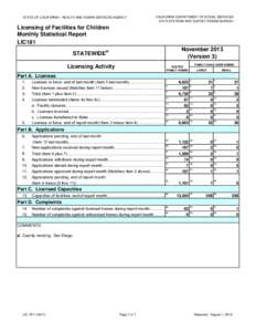 STATE OF CALIFORNIA - HEALTH AND HUMAN SERVICES AGENCY  CALIFORNIA DEPARTMENT OF SOCIAL SERVICES DATA SYSTEMS AND SURVEY DESIGN BUREAU  Licensing of Facilities for Children