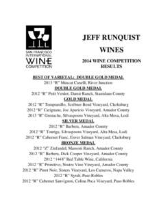 JEFF RUNQUIST WINES 2014 WINE COMPETITION RESULTS BEST OF VARIETAL: DOUBLE GOLD MEDAL 2013 “R” Muscat Canelli, River Junction