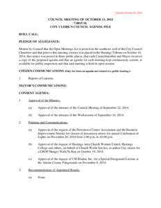 Updated October 10, 2014  COUNCIL MEETING OF OCTOBER 13, 2014 7:00 P.M. CITY CLERK’S COUNCIL AGENDA FILE ROLL CALL: