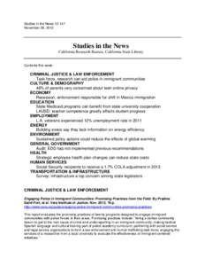 Studies in the News[removed]November 28, 2012 Studies in the News California Research Bureau, California State Library Contents this week: