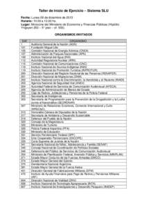Taller de Inicio de Ejercicio – Sistema SLU Fecha: Lunes 09 de diciembre de 2013 Horario: 10.00 a[removed]hs. Lugar: Microcine del Ministerio de Economía y Finanzas Públicas (Hipólito Yrigoyen 250 – 5° piso – of.
