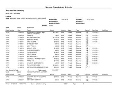 Socorro Consolidated Schools Reprint Check Listing Fiscal Year: [removed]Criteria: Bank Account: FSB Athletic-Activities clearing[removed]