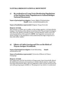 NATURAL BRIDGES NATIONAL MONUMENT 1) Re-evaluation of Long-Term Monitoring Populations of the Kachina Daisy Populations in Natural Bridges National Monument.