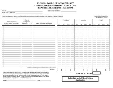 FLORIDA BOARD OF ACCOUNTANCY CPE REPORTING FORM