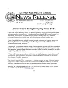 a  Attorney General Jon Bruning News Release FOR IMMEDIATE RELEASE