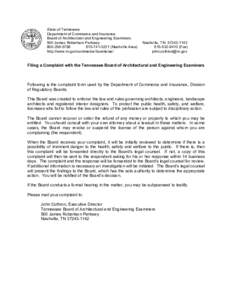 State of Tennessee  Department of Commerce and Insurance  Board of Architectural and Engineering Examiners  500 James Robertson Parkway  Nashville, TN  37243­1142  800­256­5758 