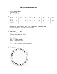 Daily Dilemma #4: Answer Key  1. Let a = age of the lion 2 (a + 14) = 46 So a = 9 years old 2.