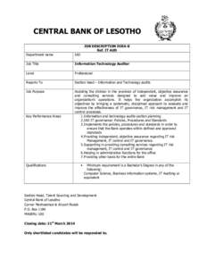 CENTRAL BANK OF LESOTHO JOB DESCRIPTION DOIA-8 Ref. IT AUD Department name  IAD