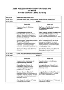 ESSL Postgraduate Research Conference 2015 25th March Rooms G32-G33, Liberty Building 9:30-10:00  Registration and Coffee (foyer)