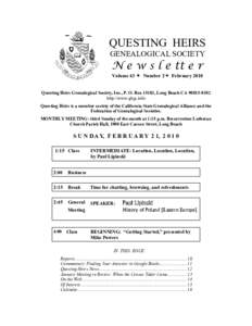 QUESTING HEIRS GENEALOGICAL SOCIETY N e w s l e tt e r Volume 43  Number 2 February 2010