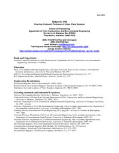 July[removed]Robert E. Pitt Emeritus Cudworth Professor of Urban Water Systems School of Engineering Department of Civil, Construction, and Environmental Engineering
