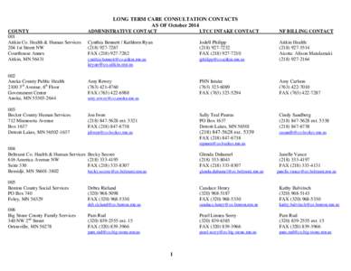 LONG TERM CARE CONSULTATION CONTACTS AS OF October 2014 COUNTY 001 Aitkin Co. Health & Human Services 204 1st Street NW