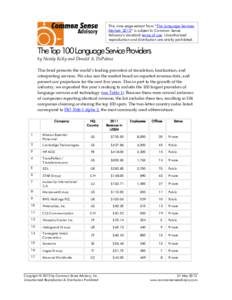 This nine-page extract from “The Language Services Market: 2012” is subject to Common Sense Advisory’s standard terms of use. Unauthorized reproduction and distribution are strictly prohibited.  The Top 100 Languag