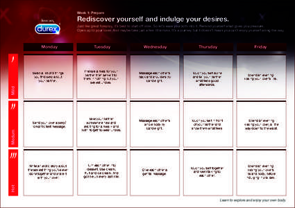 Week 1: Prepare  Rediscover yourself and indulge your desires. Just like great foreplay, it’s best to start off slow. So let’s ease you both into it. Remind yourself what gives you pleasure. Open up to your lover. An