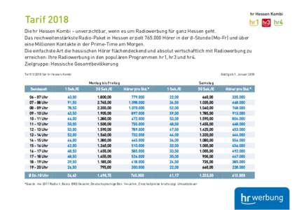 Tarif 2018 Die hr Hessen Kombi – unverzichtbar, wenn es um Radiowerbung für ganz Hessen geht. Das reichweitenstärkste Radio-Paket in Hessen erzieltHörer in der Ø-Stunde (Mo-Fr) und über eine Millionen Kon