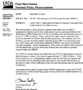 USDA  Food Distribution National Policy Memorandum DATE:  September 15,2009