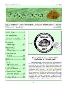 Ellipsaria VolNo. 2  June 2016 Newsletter of the Freshwater Mollusk Conservation Society Volume 18 – Number 2