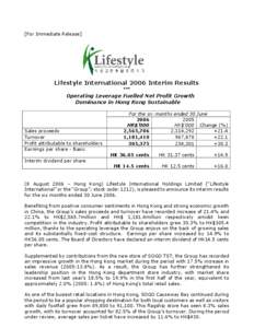 [For Immediate Release]  Lifestyle International 2006 Interim Results *** Operating Leverage Fuelled Net Profit Growth Dominance in Hong Kong Sustainable