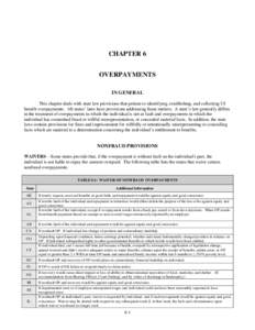 CHAPTER 6 OVERPAYMENTS IN GENERAL This chapter deals with state law provisions that pertain to identifying, establishing, and collecting UI benefit overpayments. All states’ laws have provisions addressing these matter