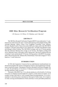 RICE CULTURE[removed]Rice Research Verification Program J.W. Branson, C.E. Wilson, T.E. Windham, and J. Marshall ABSTRACT The 2003 Rice Research Verification Program (RRVP) was conducted on 11 commercial rice fields across