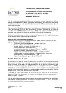 Liste des revues AERES pour le domaine SCIENCES ET TECHNIQUES DES ACTIVITES PHYSIQUES ET SPORTIVES (STAPS) (Mise à jour lePour de nombreuses disciplines de Sciences humaines et sociales la production de livr