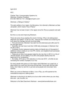 April 2015 ACC Charles Thiel, Communication Systems Inc. Allentown Chamber PresidentExt 114 •  Allentown, a Refuge of Safety?