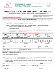 California Board of Barbering and Cosmetology - Application for Reciprocity and Initial License Fee