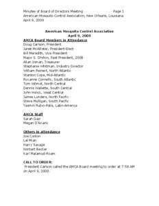 Minutes of Board of Directors Meeting Page 1 American Mosquito Control Association, New Orleans, Louisiana April 9, 2009  American Mosquito Control Association