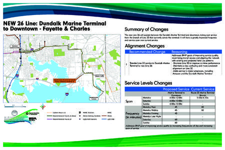 NEW 26 Line: Dundalk Marine Terminal to Downtown - Fayette & Charles Summary of Changes The new Line 26 will operate between the Dundalk Marine Terminal and downtown, taking over service from the branch of Line 20 that c
